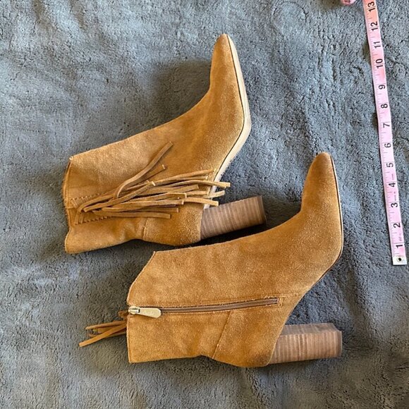 Tall Ankle Brown Suede Booties Tan Women's Size 8.5 Fringe Pointed Toe - Picture 3 of 11